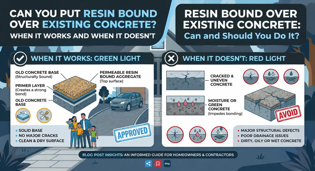 Resin bound over existing concrete infographic showing when it works on a sound, primed slab and when to avoid cracked or wet concrete