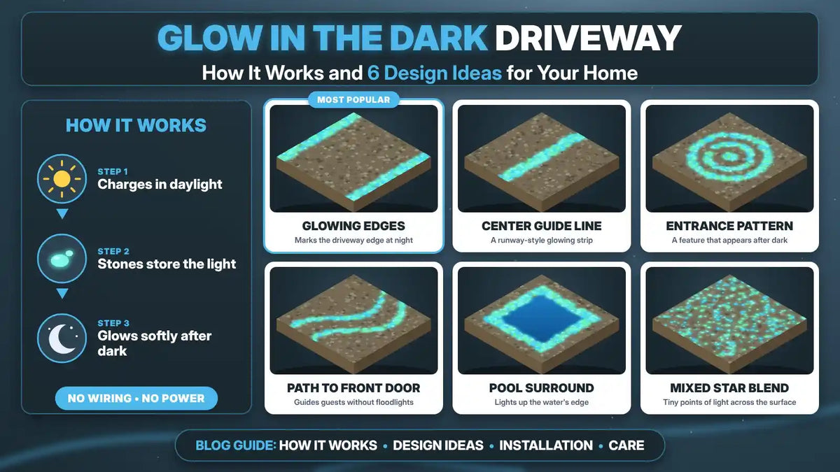 Glow in the dark driveway infographic showing how glow stones work and 6 resin bound design ideas