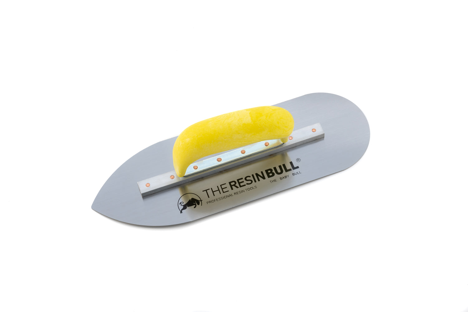 A compact, lightweight Baby Bull Trowel with a yellow rubber handle and a polished metal blade, marked with 'the resin bull'.