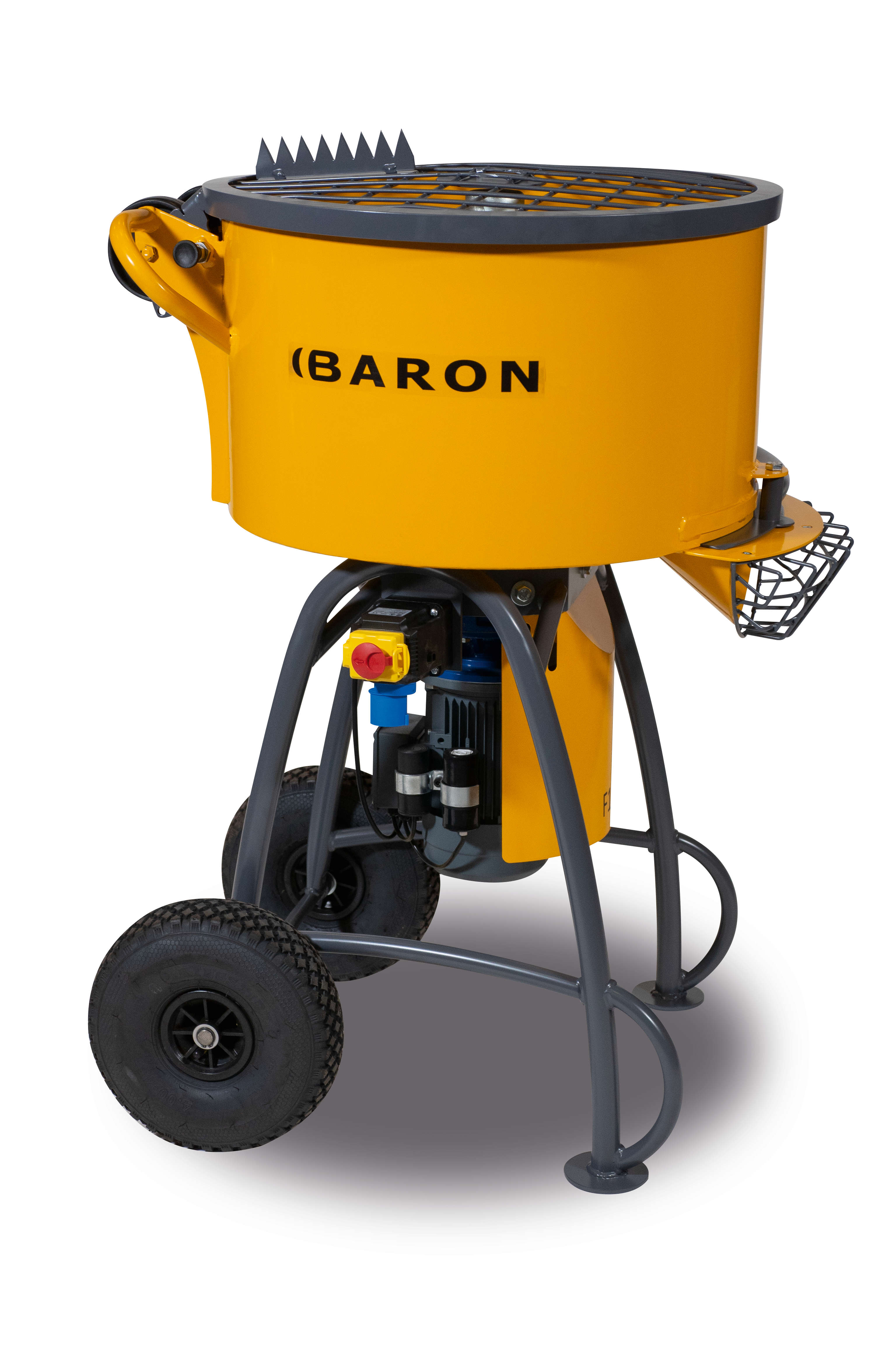 A yellow and black Baron F-120 cement mixer with wheels, featuring a safety switch and adjustable mixer shovels.