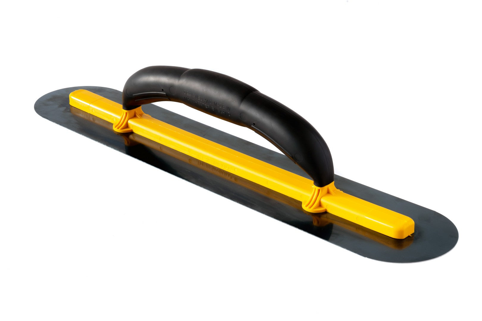 A yellow and black resin trowel with an ergonomic grip handle.